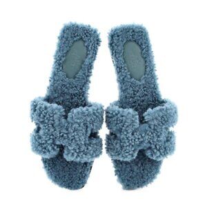 Hermes Women's Oran Sandals Shearling - Blue Size 36.5